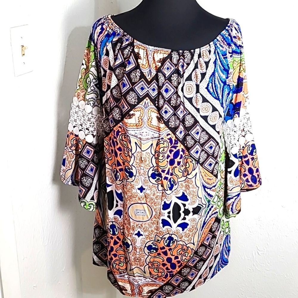 WinWin Colorful Tunic Top with Pinwheel Sleeves & Embroidered Accents, Size L/XL